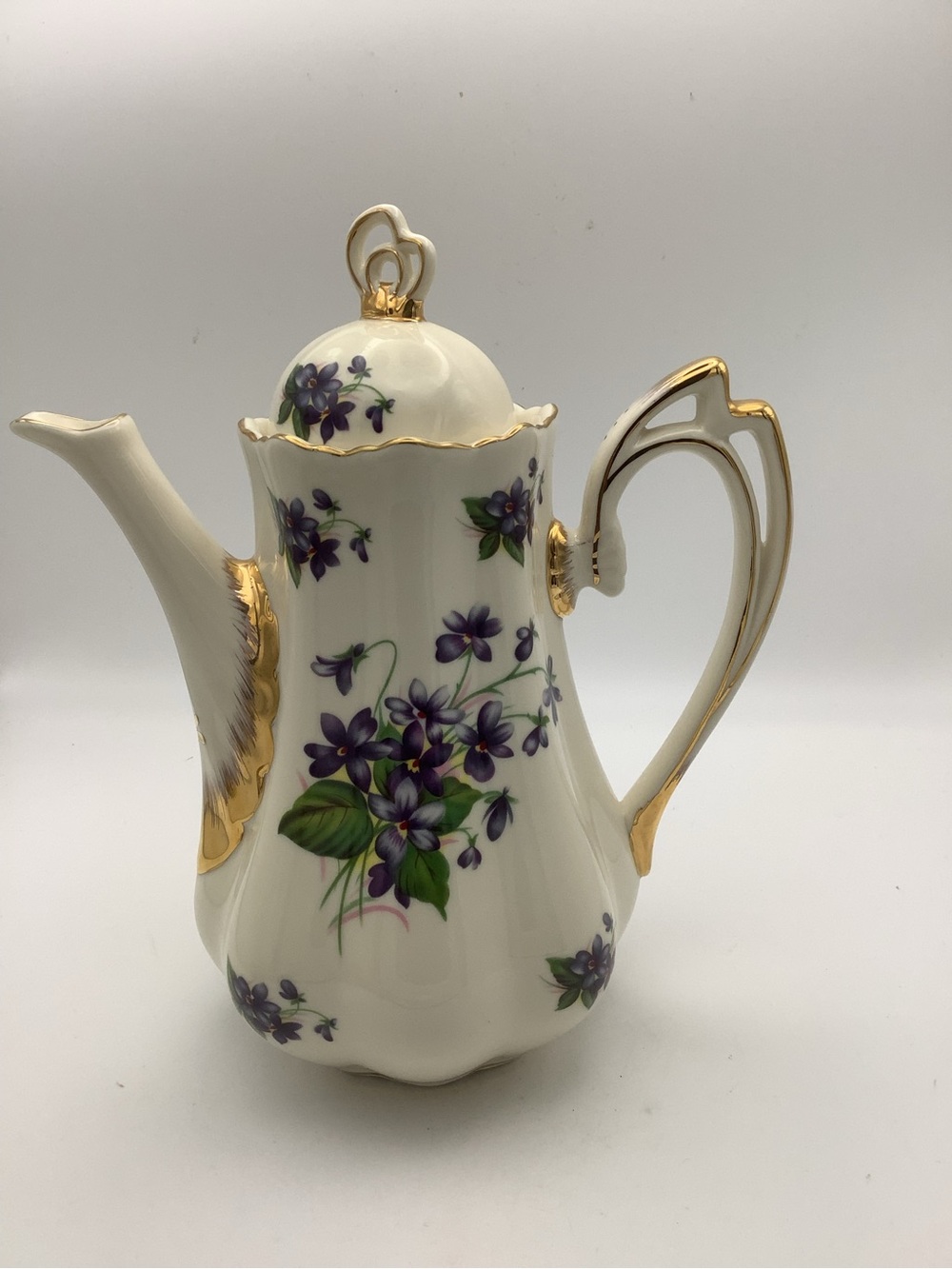 Elegant Burton & Burton Purple Violets Coffee Pot with Gold Trim